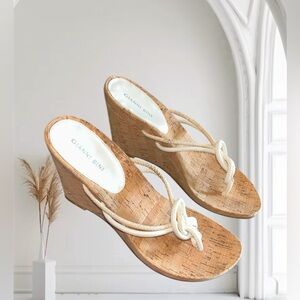 Gianni Bini Tan Cork Wedges with White Straps